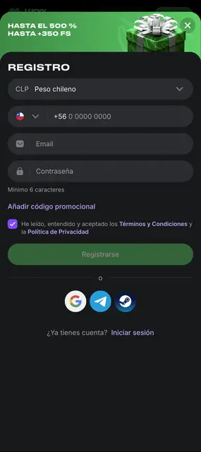 Lucky Star — pantalla de registro con la oferta de bienvenida