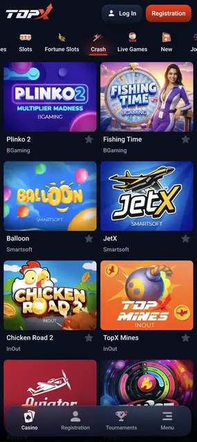 Categoría crash con JetX y Plinko 2 en TopX desde el celular